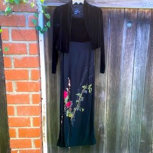 Carol Little Maxi gown. Black velvet on top with matching cropped jacket.